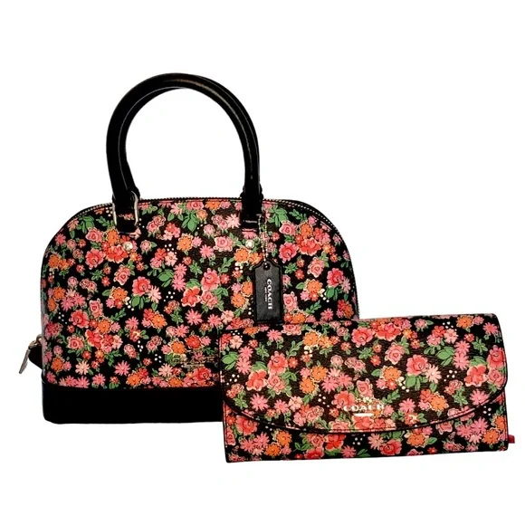 COACH Sierra Posey Cluster Floral Coated Canvas Satchel Bag Black/Pink Wallet - Picture 12 of 12